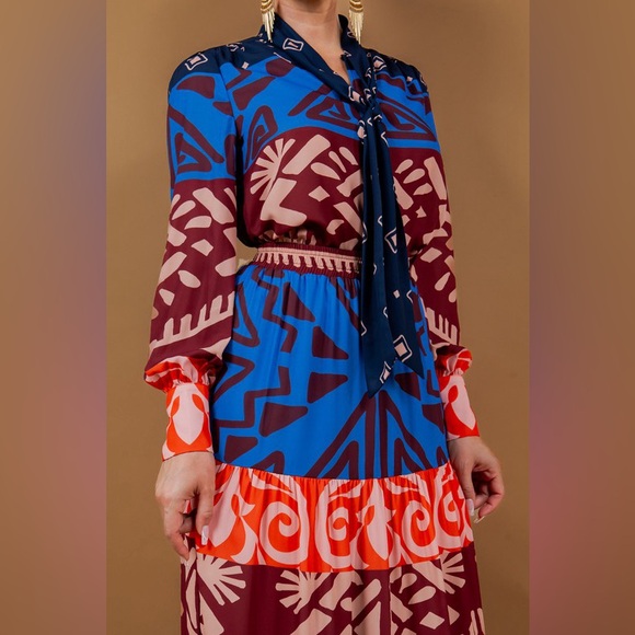 NWOT Bow Tie Blouse and Tiered Maxi Skirt Set in Multi Colors - Picture 6 of 8